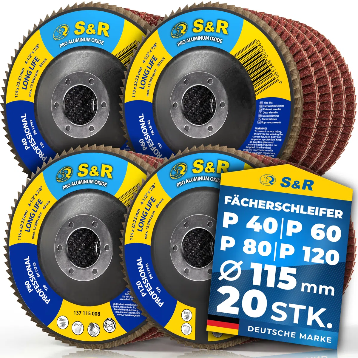 S&R Fächerschleifer Set 20 St., 115 x 22,23 mm, PRO ALUMINIUM OXID, T29, Fächerschleifscheiben, Lamellenschleifer, Schruppscheiben für Holz und Metall, je 5x Körnung P40/60/80/120
