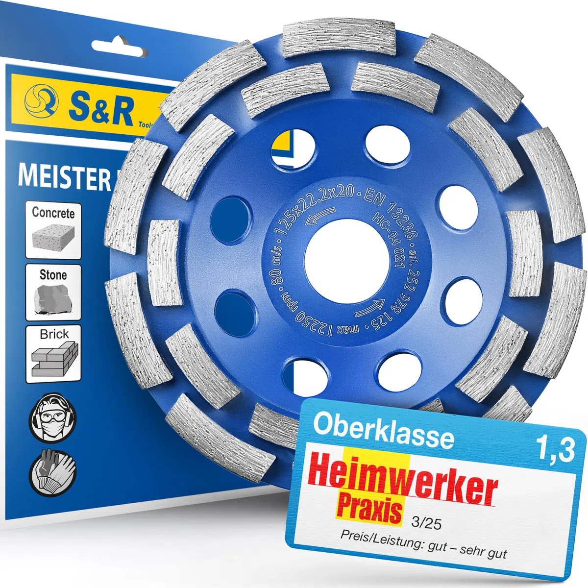 S&R Diamant-Schleiftopf 125 x 22,23 mm für Beton, Granit, Naturstein, Stein, Mauerwerk, trockener Fliesenkleber, Estrich, 2-reihig, verbesserte Segment-Formel, Winkelschleifer Schleifscheibe