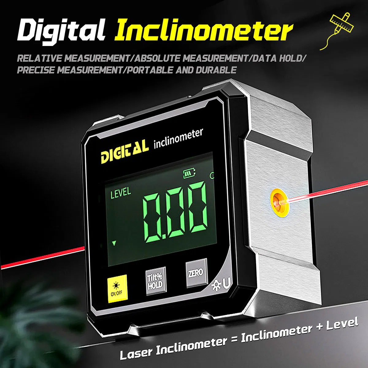 Digitaler Winkelsucher mit Elektronischem Laser mit LCD Display,4-Seitiger Magnet Digital Inclinometer with Laser Digitaler Neigungsmesser mit Laser für Holzbearbeitung, Tischsäge, Hängend.