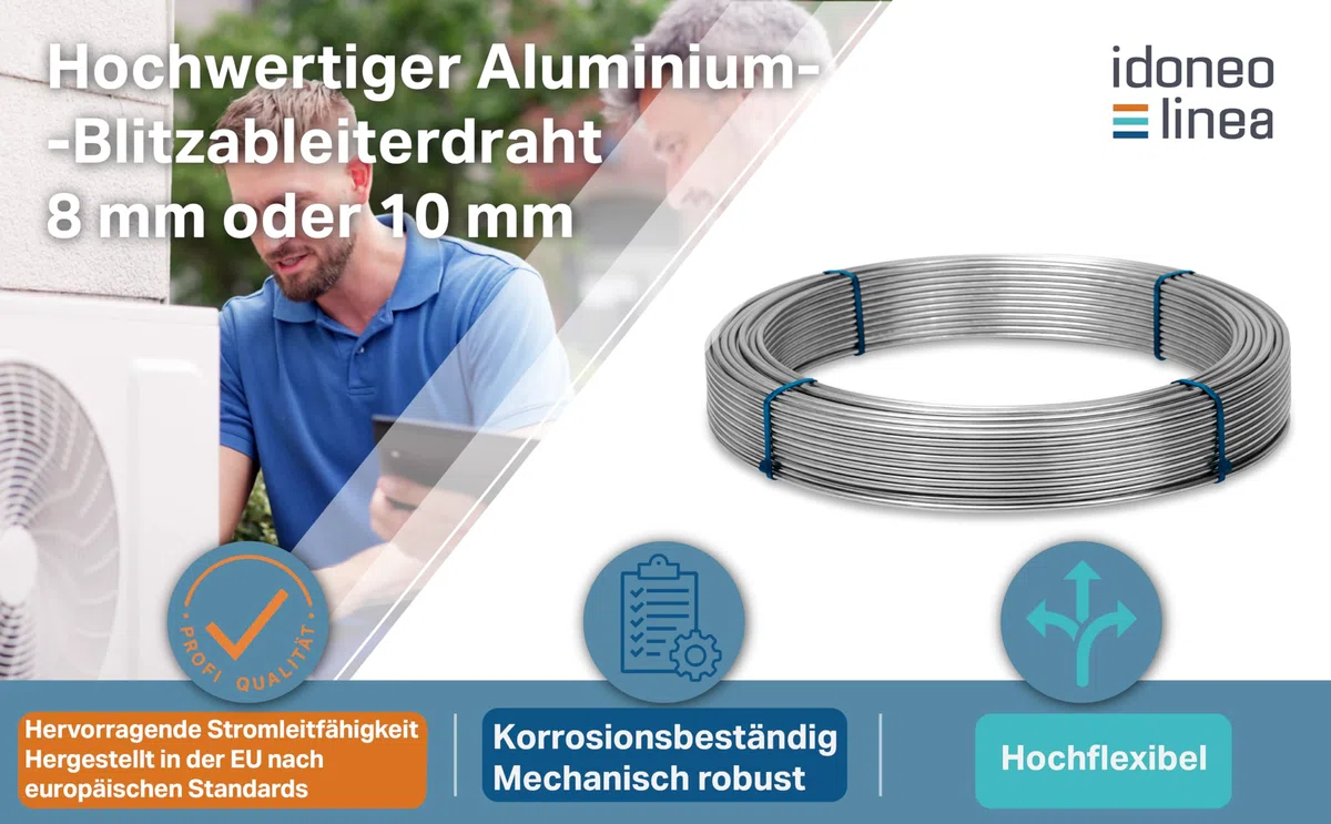 Aluminium Runddraht 8 mm / 10 mm – Flexibler Erdungsdraht für Blitzschutz & PV-Anlagen, Alu Blitzableiter Draht, Korrosionsbeständig, Längen: 1–148 m