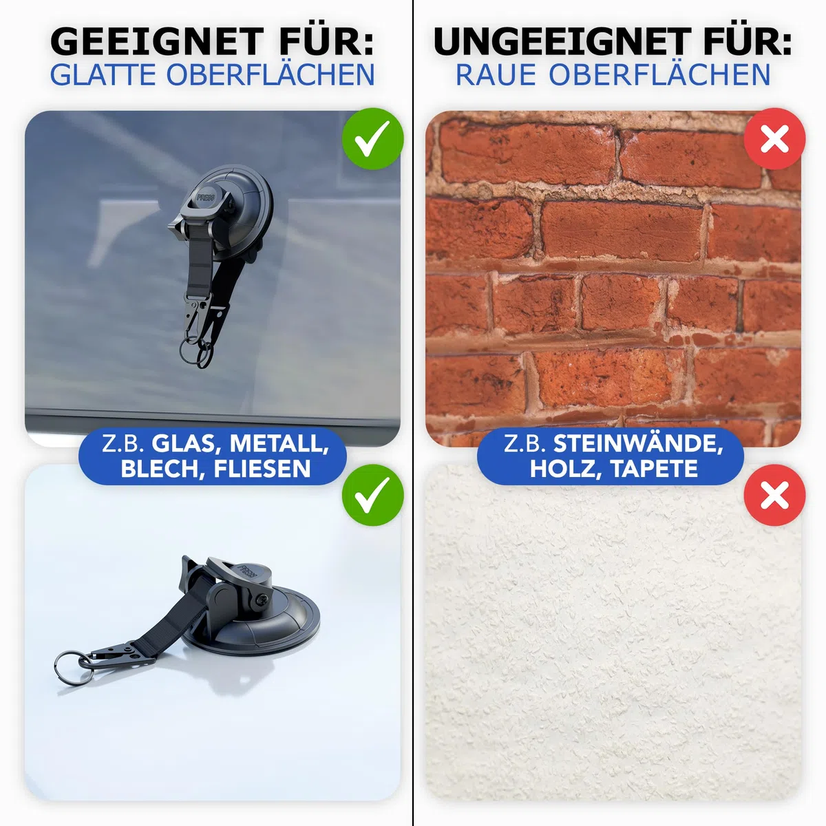 LAINFELD Saugnapf Haken | 4er Set mit Karabinerverschluss und großen Haken | Extra stark | Große Saugnäpfe für Camping, Auto, Balkon | Saughaken