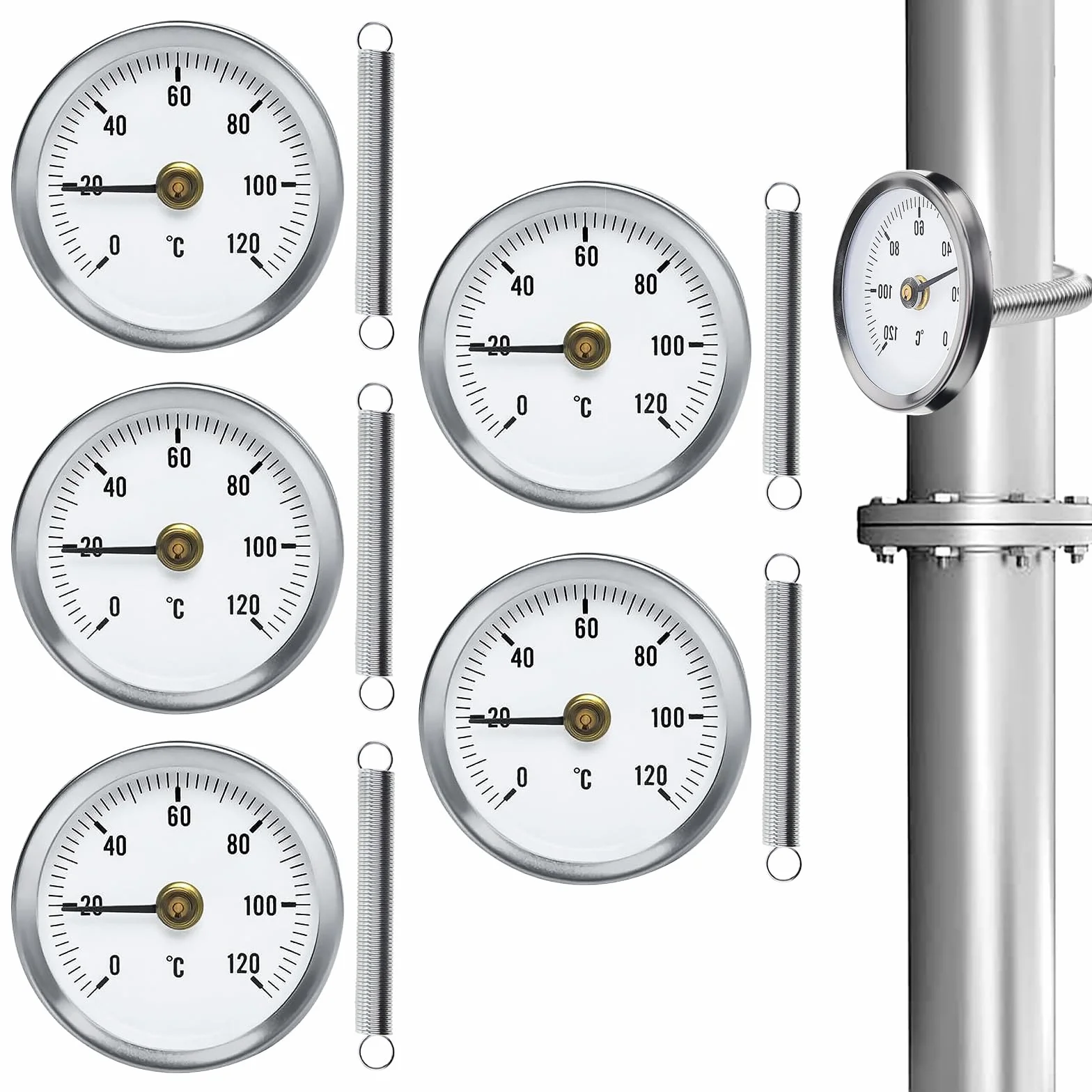 5 Stück Anlegethermometer Heizungsrohr, Rohrthermometer, Temperaturanzeige Mit Clip-On Feder, Mit Aufsteckfeder 63mm Heißes Wasser Rohr Thermometer Zeigerthermometer Für Rohre 0-120℃
