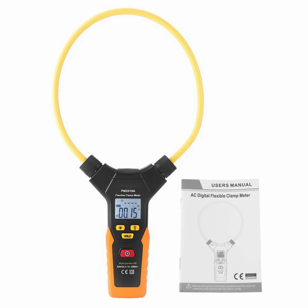 PEAKMETER PM2019A Flexible Stromzange 3000A AC Digitales Messgerät mit LCD-Display 75mm Klemmendurchmesser Datenhaltefunktion Hintergrundbeleuchtung für Elektrische Geräte