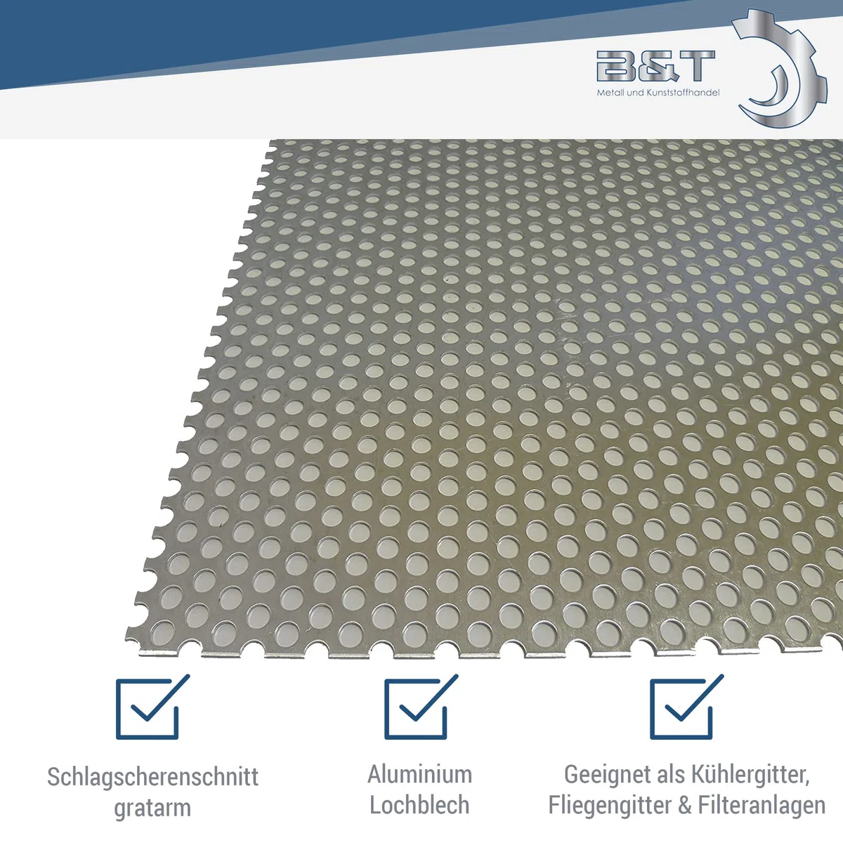 B&T Metall Aluminium Lochblech 1,5 mm stark Rundlochung Ø 6 mm versetzt RV 6-9 Größe 500 x 500 mm (50 x 50 cm)