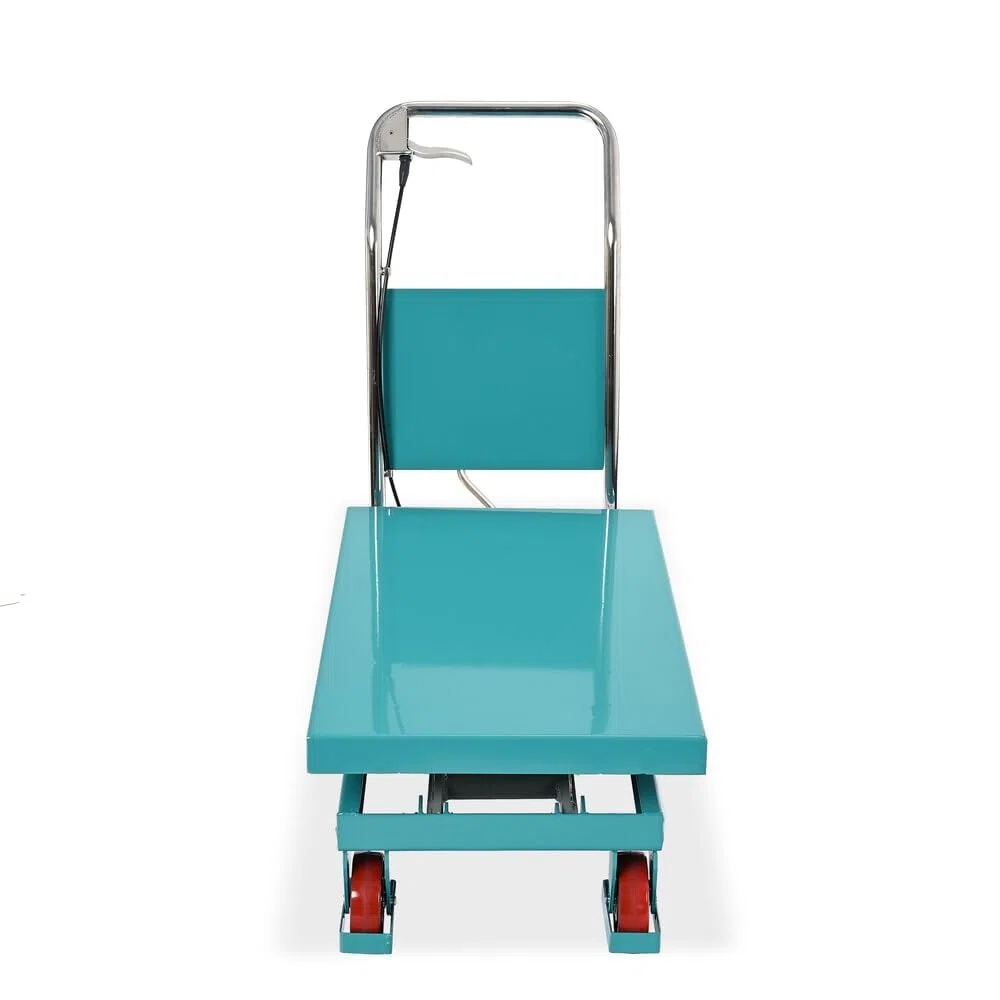 Ameise Scheren-Hubtischwagen LTT | 285-880 mm Hubbereich | 500 kg Tragkraft | 850x500 mm Plattform | Fahrbarer Hubtisch mit festem Bügel | Fußbetriebene Hydraulikpumpe | Stahl | Türkisblau