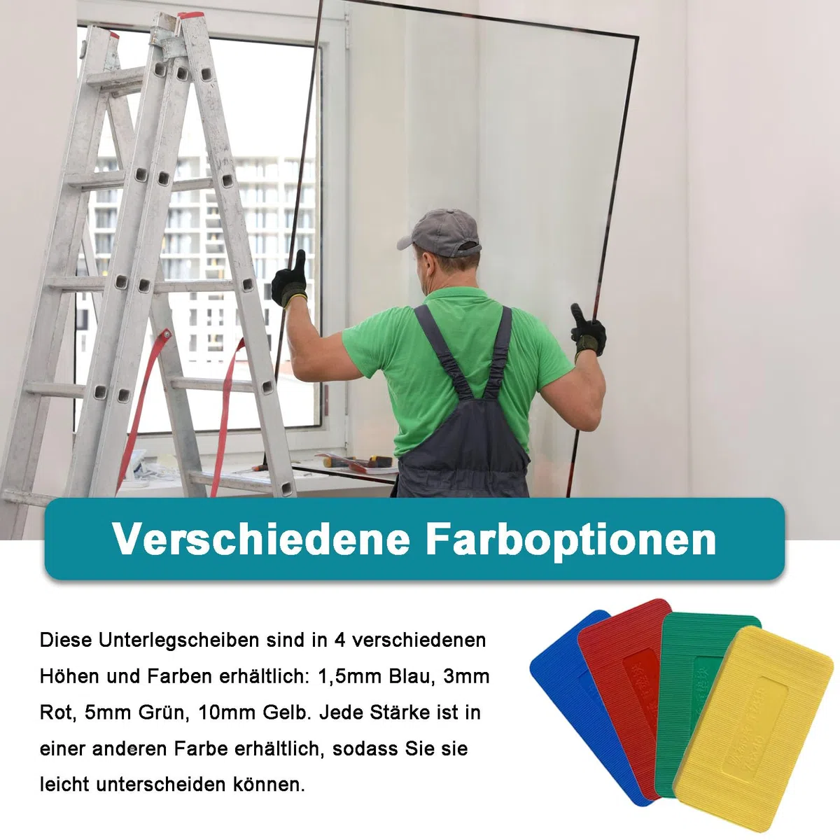 Unterlegplatten Kunststoff, 60 Stück Möbel Nivellierpads Set, 75x40 mm Kunststoff Abstandshalter, 4 Stärke 1,5mm,3mm,5mm,10mm Verglasungsklötze, Abstandhalter Fliesenkeile(Blau, Rot, Grün, Gelb)