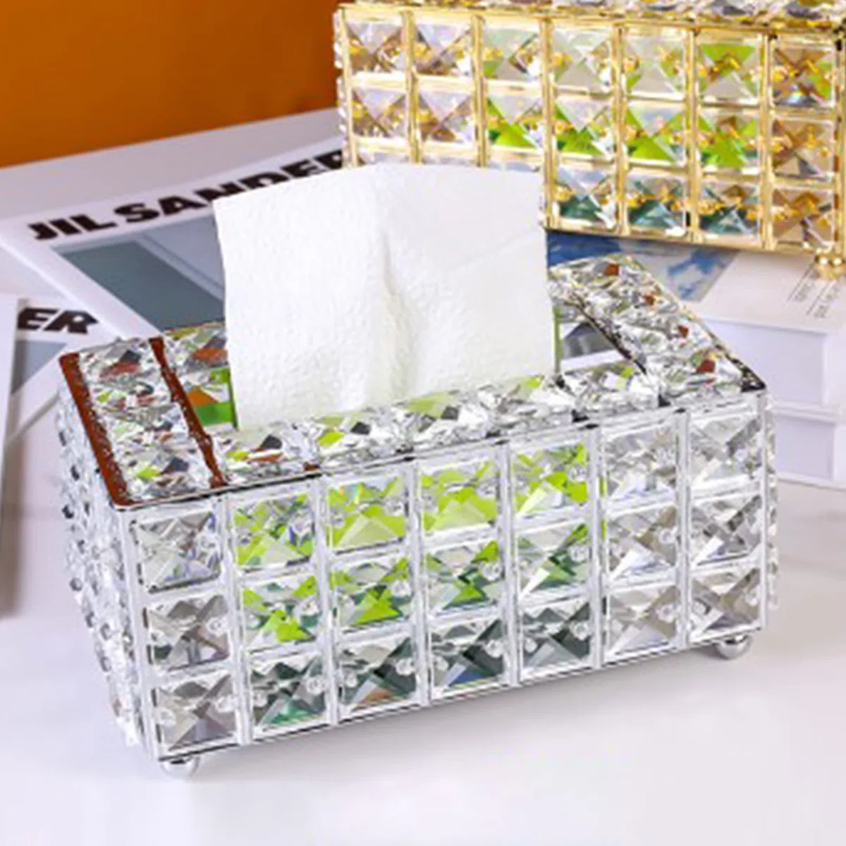 Kristall-Taschentuchbox-Halter, silberfarben, luxuriöser Taschentuchspender aus Metall mit Kristallakzenten, moderner Organizer für Wohnzimmer und Badezimmer