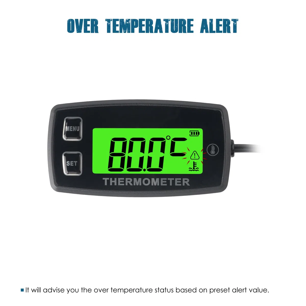 Runleader Digital LCD Motortemperaturanzeige, Übertemperaturwarnung, grüne Hintergrundbeleuchtung, Batterie austauschbar für Generator Motorrad Dirtbike ATV Außenborder Motor Marine Schneemobil
