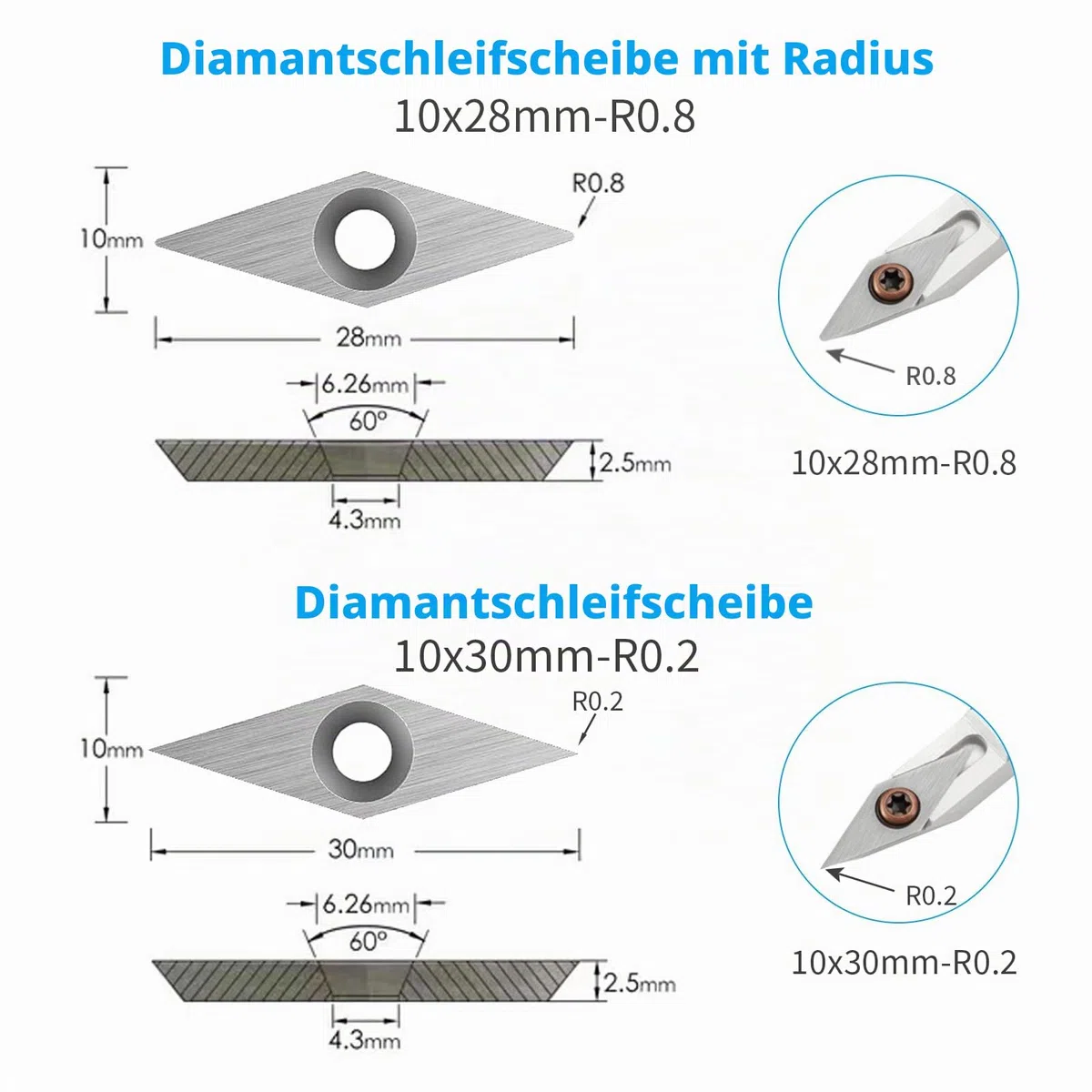 Hartmetall Wendeschneidplatten Set fur DrehmeiBel, 10 Stück CNC Hartmetall Drechselwerkzeuge für Holz Drechselwerkzeug, Hartmetalleinsätze (Vierkant, Rund, Diamant)