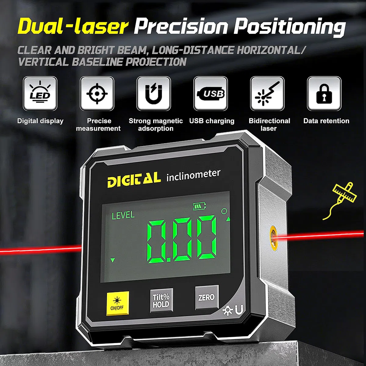 Digitaler Winkelsucher mit Elektronischem Laser mit LCD Display,4-Seitiger Magnet Digital Inclinometer with Laser Digitaler Neigungsmesser mit Laser für Holzbearbeitung, Tischsäge, Hängend.