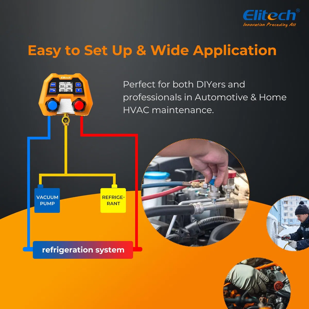 Elitech DMG-2SE Digitales Klimaanlagen-Manifold, Vakuum-Druck-Messgerät für Kfz-Klimareparatur mit 2-Wege-Ventil, unterstützt R134a R1234yf R410A und 88 Kältemittel, stoßfestes Profi-Set