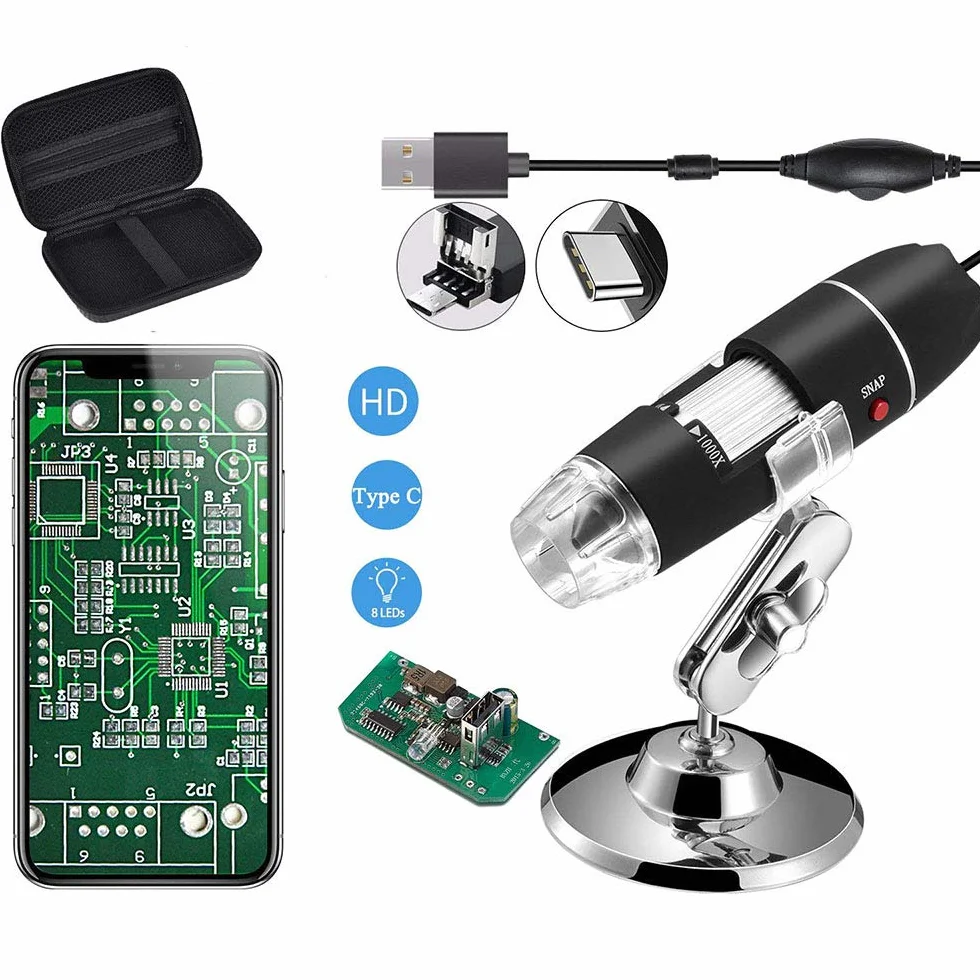 Jiusion Original 40-1000X USB Mikroskop mit tragbaren Tragetasche, Digitale Vergrößerung Endoskop Mini Kamera 8 LEDs Metall Basis für Micro USB Typ C Android, Windows Mac Linux Chrome