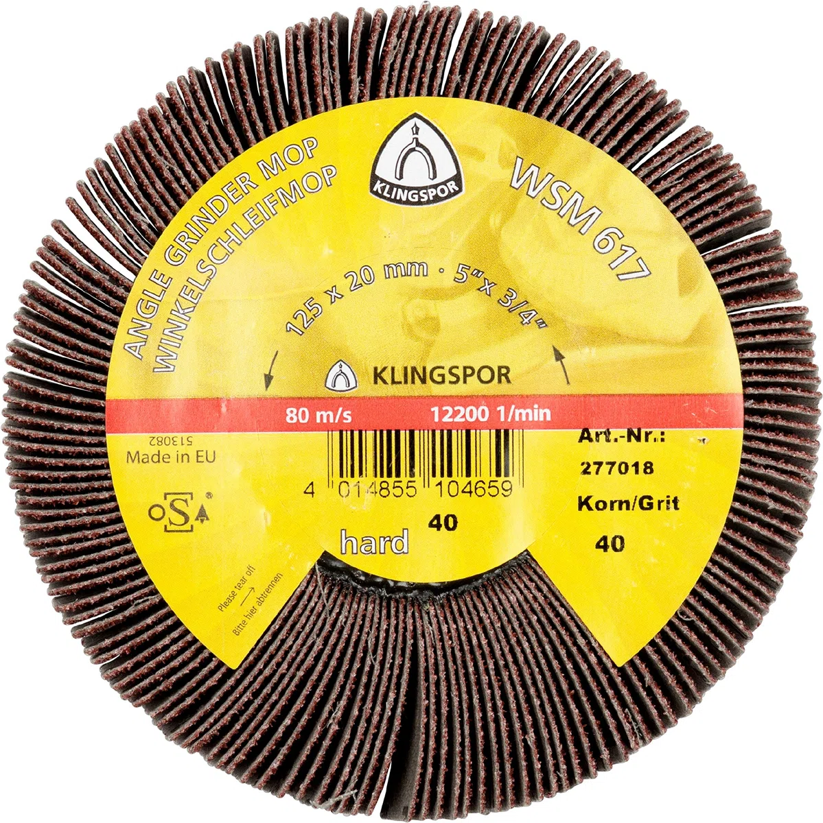 277021 WSM 617 Schleifmop-Rad - für Stahl, Edelstahl, Lack, Kunststoff und Holz - 125mm x 20mm - Grit 120