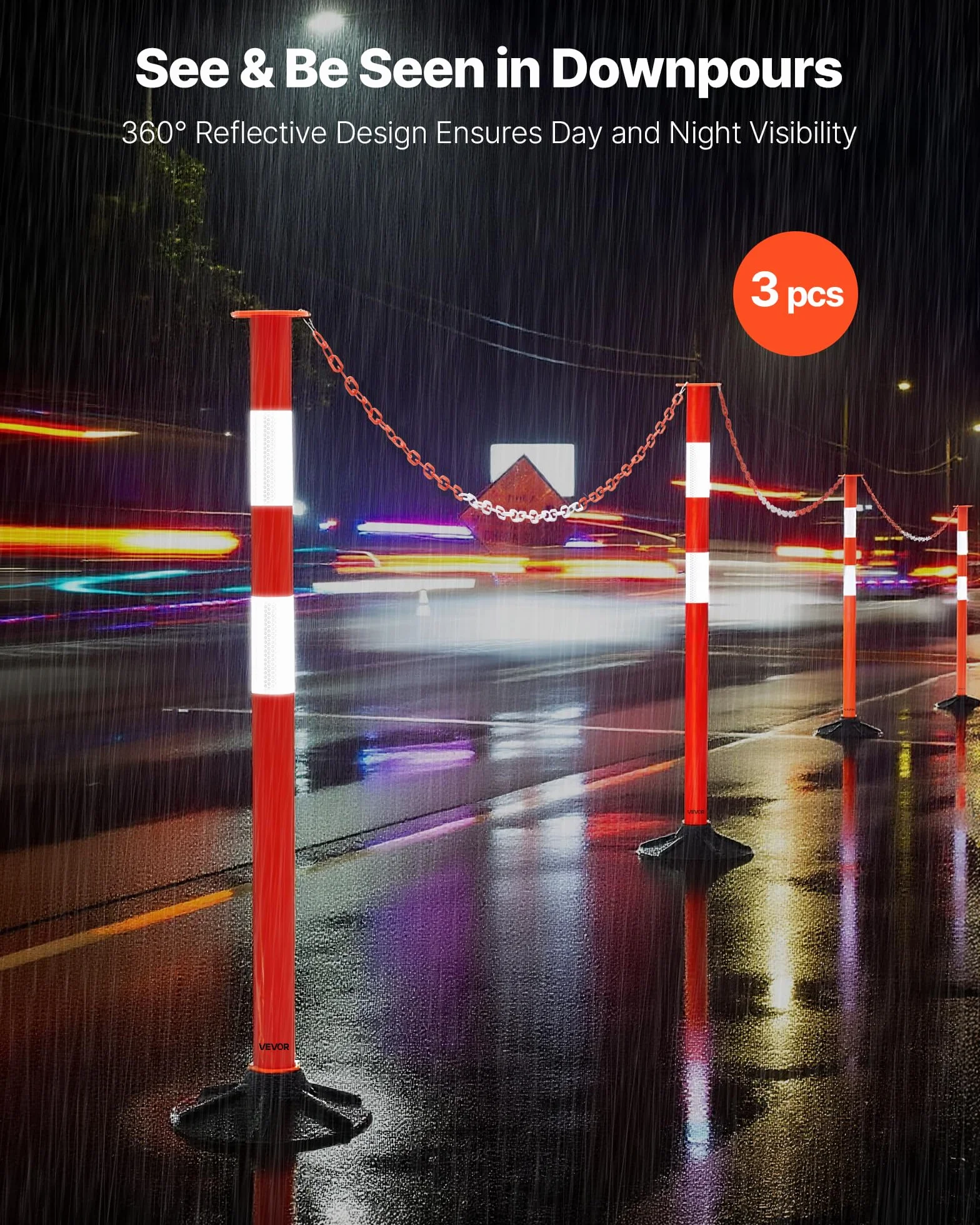 VEVOR Verkehrsleitpfosten Leitpfosten 3-tlg. (871 mm) mit beschwertem Sockel & Reflektorstreifen & Ketten, Warnpfosten für Baustellen, Parkplätze, Absperrpfosten zur Steuerung von Menschenmengen