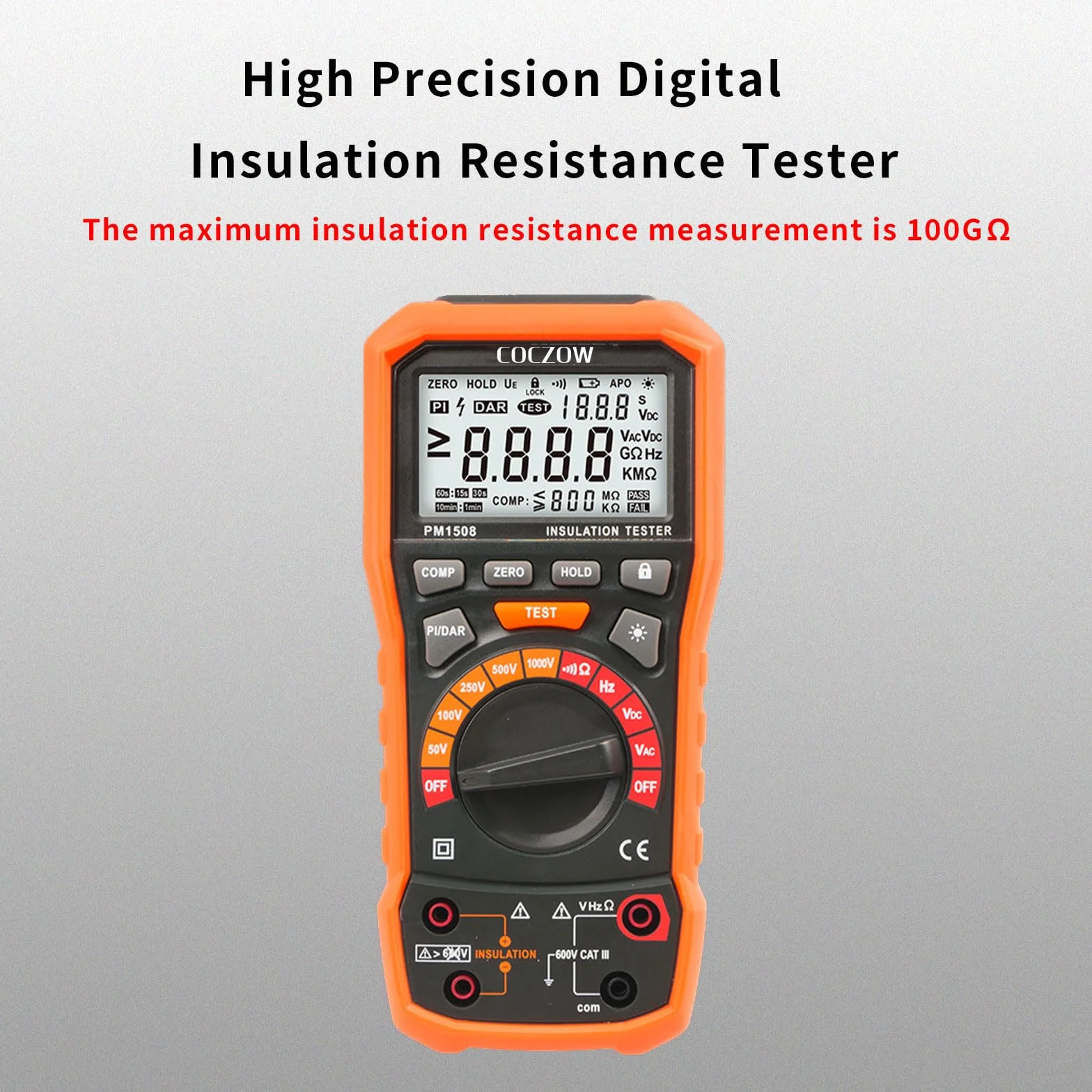 Digital Megohmmeter Isolationswiderstandsprüfer 1000V AC/DC für elektrische Geräte, Isolationswiderstand bis 100 GΩ, mit PI/DAR, Frequenz- und Niederspannungsprüfung, mit LCD-Display PM1508