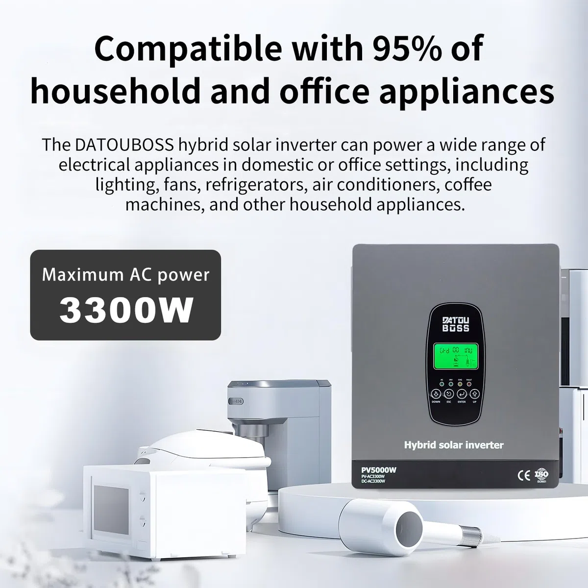 DATOUBOSS 3300W 24V Hybrid Wechselrichter Reiner Sinus, 120A MPPT 5000W PV, 24V auf 230V, Off-Grid Solar Inverter, BMS kompatibel, für Blei- & Lithium-Batterien