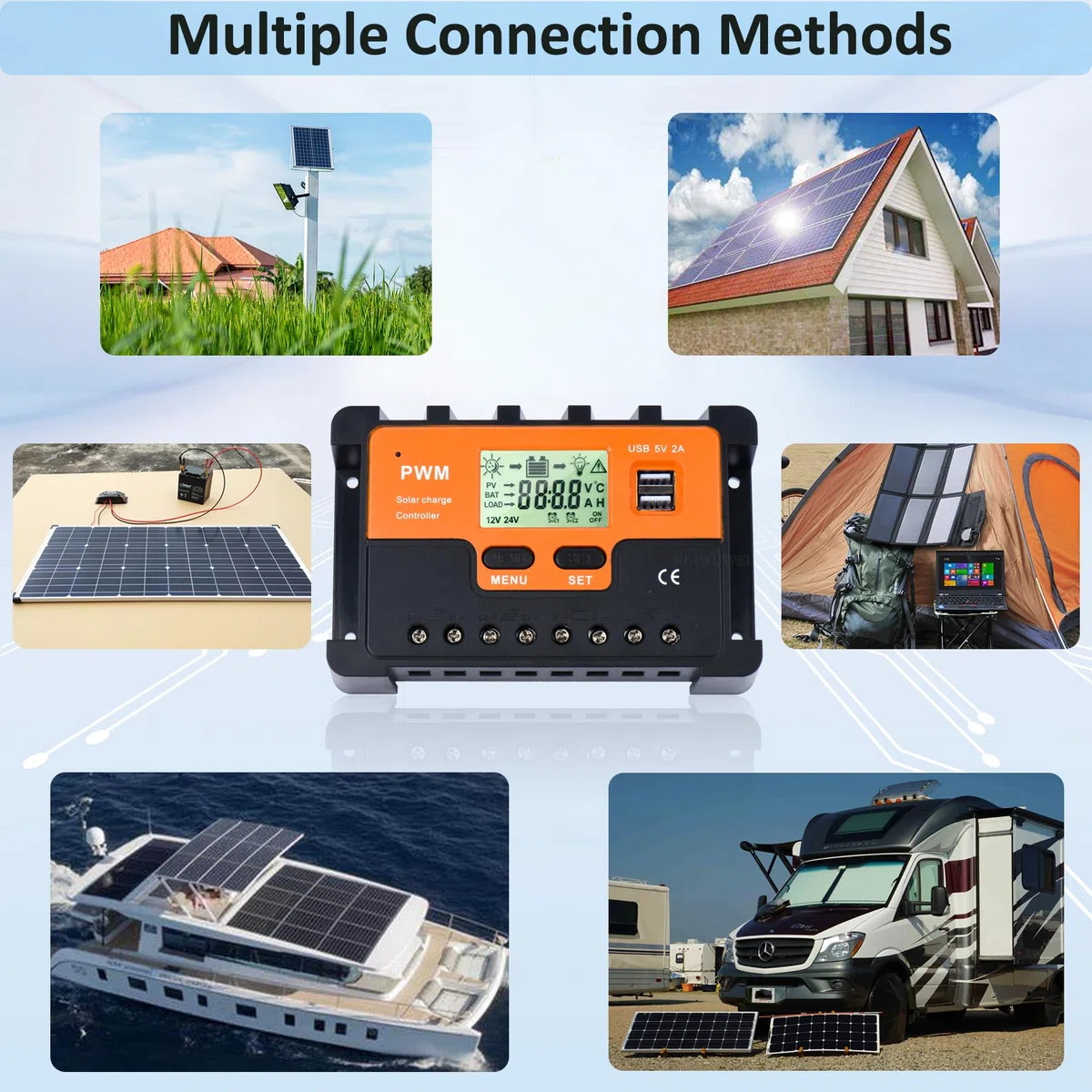 60A Solar Laderegler 12V 24V 48V Solarregler, PWM 60A Solarladeregler mit Temperatursensor 2USB Ports, für Max Solarpanels 12V(780W) 24V(1560W) 48V(3120W) Bleisäurebatterie Lithiumbatterie