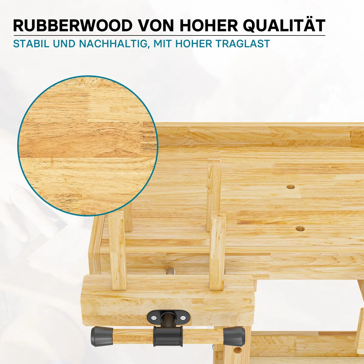 Wiltec Werkbank 151 x 61,5 x 86 cm aus Holz, Werktisch aus Rubberwood, Hobelbank bis 150 kg belastbar, Werkzeugbank mit Schublade und Spannzangen