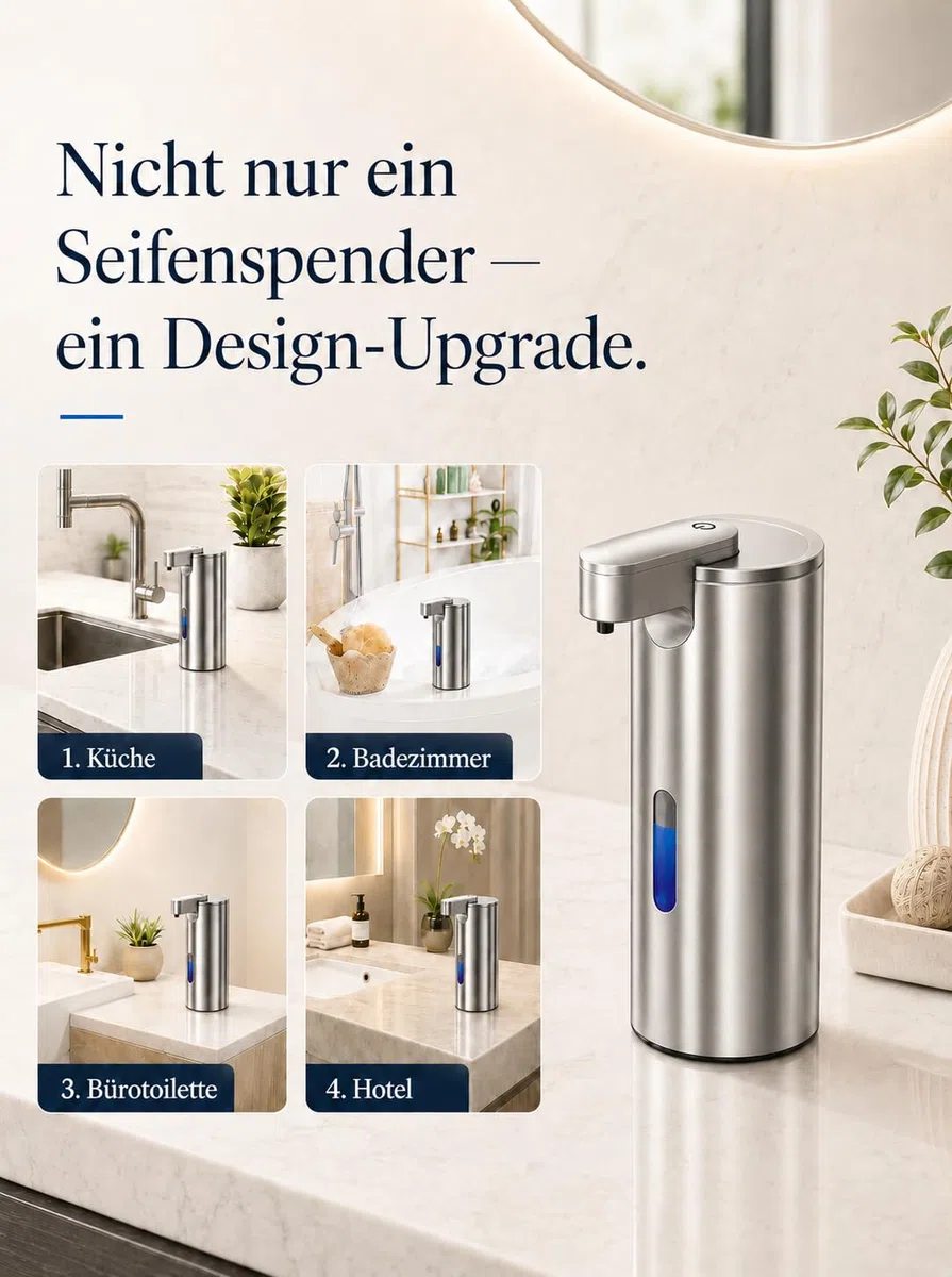 Fantictas Seifenspender Automatisch Edelstahl, USB-C, 3 Dosierstufen | Berührungsloser Sensor, 2000mAh USB-C Akku,IPX4 Spritzschutz, SUS304 Edelstahl für Bad Küche Büro，Flüssigseife