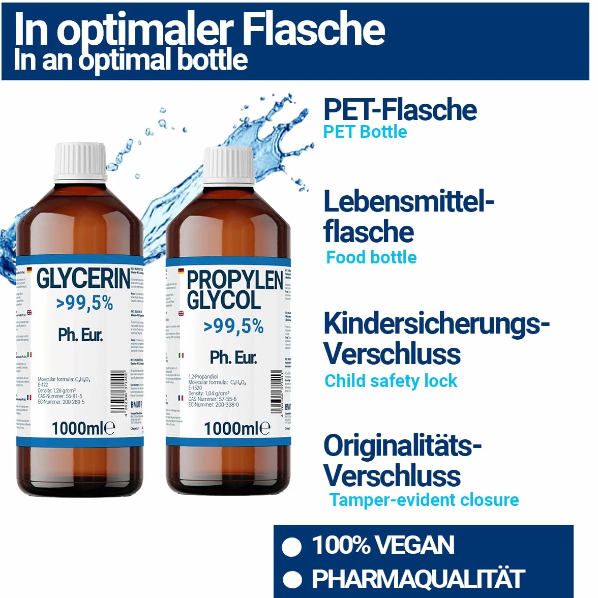1000ml Glycerin + 1000ml Propylenglycol in Pharmaqualität | >99,5% | Rein | E422 + E1520 DIY