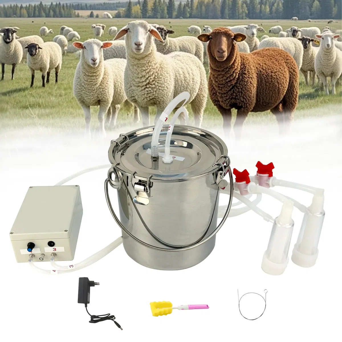 5L Elektrische Ziegenmelkmaschine, Einstellbare Geschwindigkeit, Tragbarer Bionischer Ziegenmelker mit Automatischem Stopp, Edelstahlbehälter & Reinigungsset