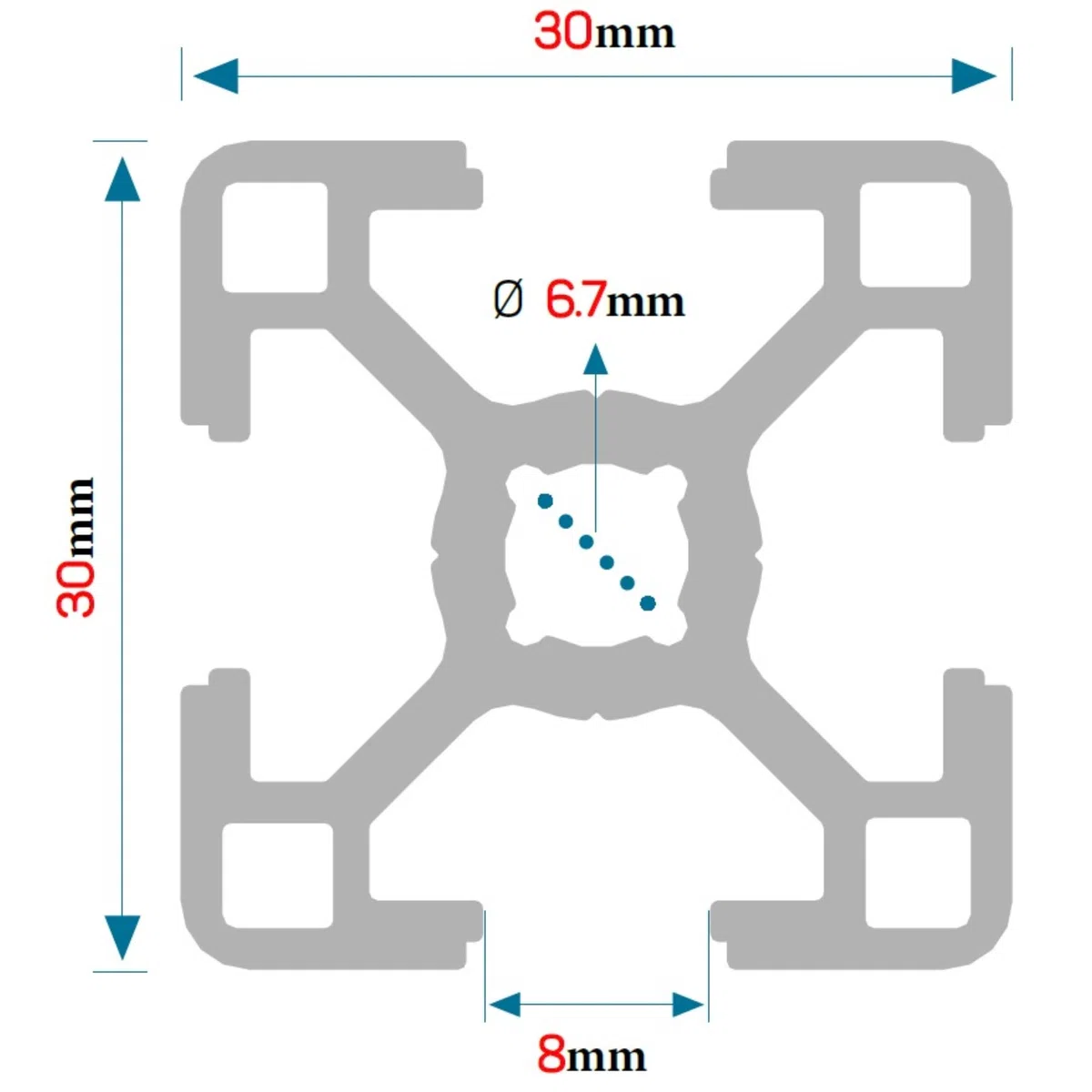 Aluprofil 30x30 mm | Nut 8 | Länge 10–250 cm wählbar | Eloxiertes und Wetterfestes Alu Profil | Konstruktionsprofil Bosch Item Kompatibel | Systemprofil für Industrie, 3D-Drucker, DIY