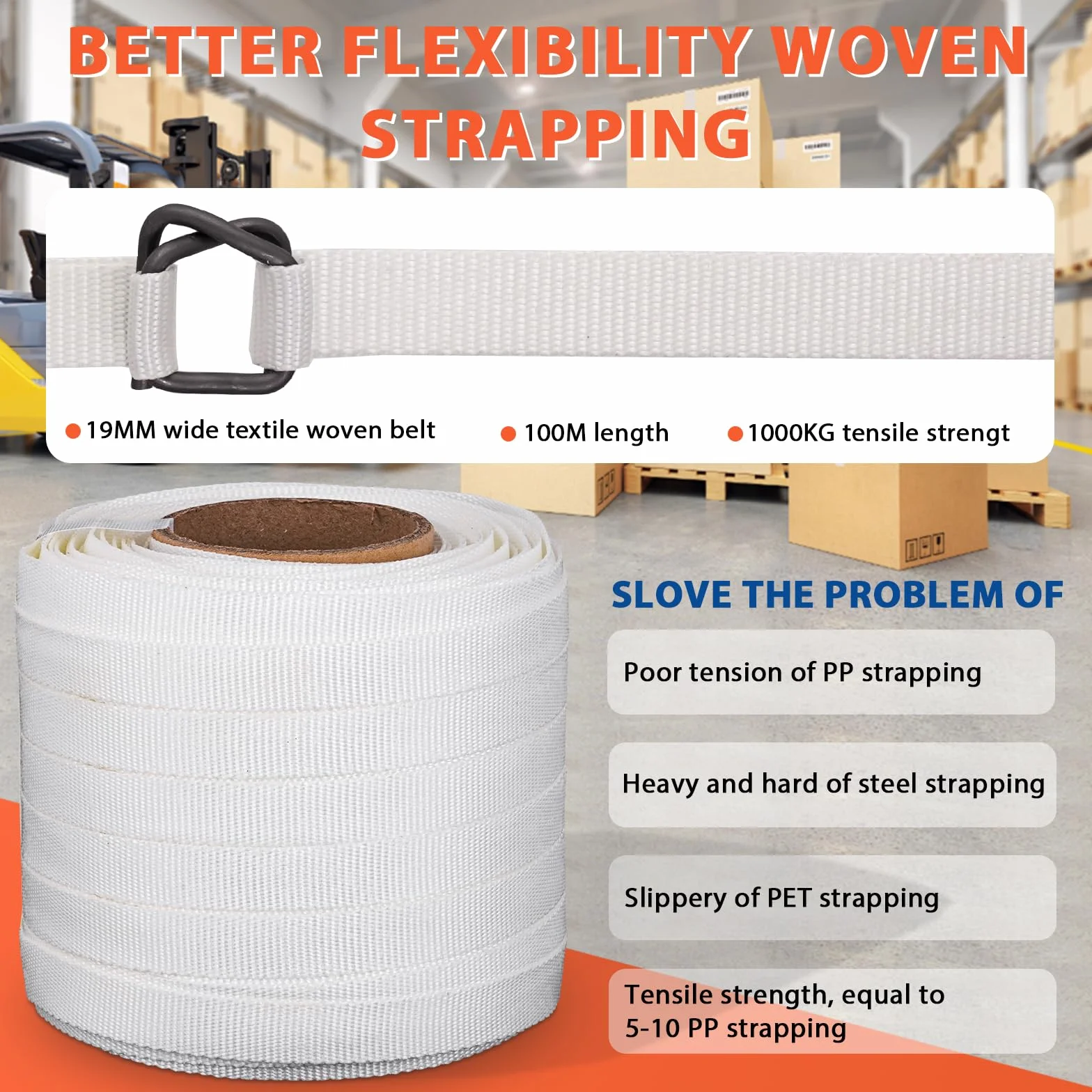 BAOSHISHAN Umreifungsset mit 19mm Textilband gewebt für Palettenverpackung (2-in-1 Spanner, 100m Textil Umreifungsband, 100 Phosphatknopf, 20 Verpackungsecke)