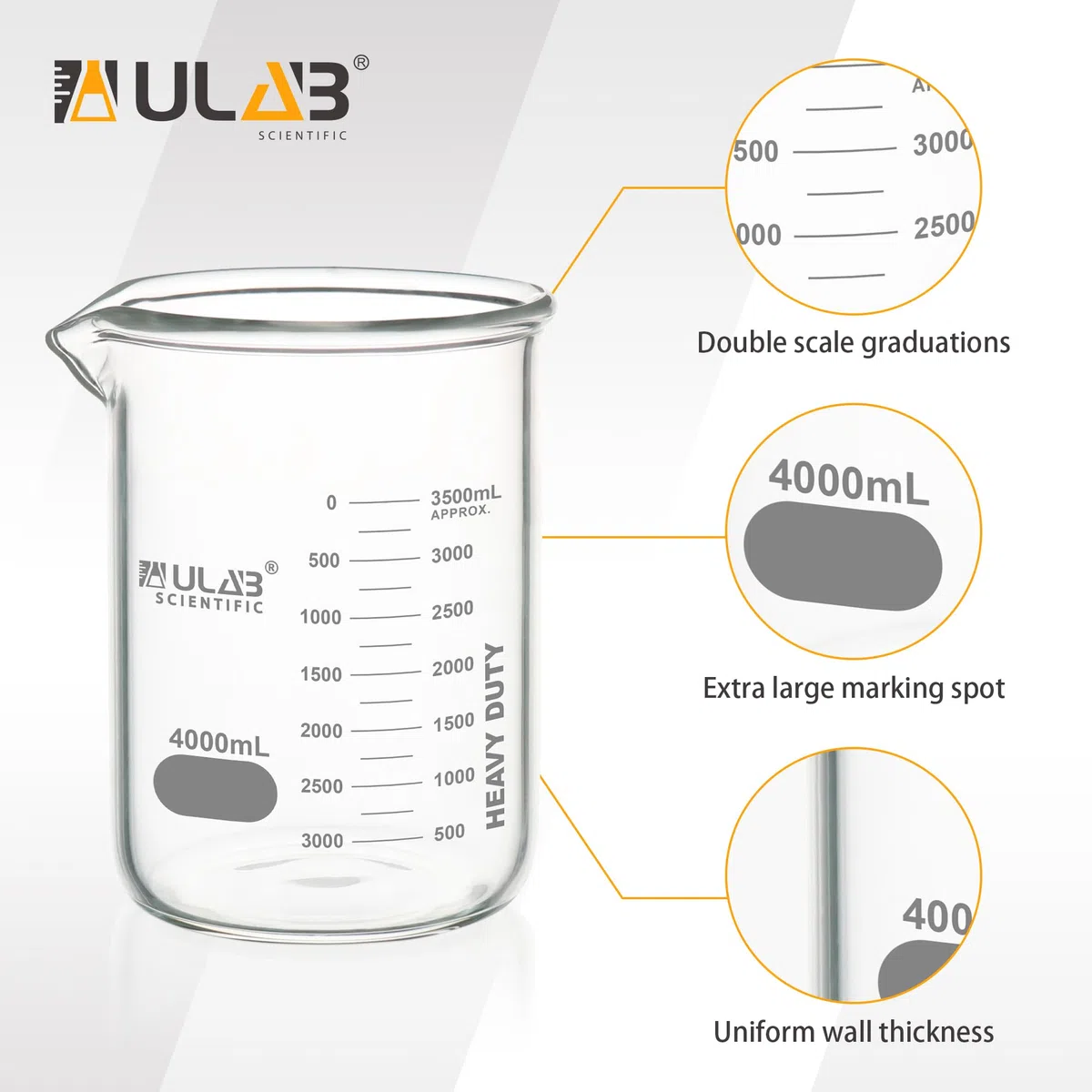 Ulab Glasbecher, strapazierfähig, mit doppelter Skala bedruckter Skala, Vol.4000 ml, UBG1067