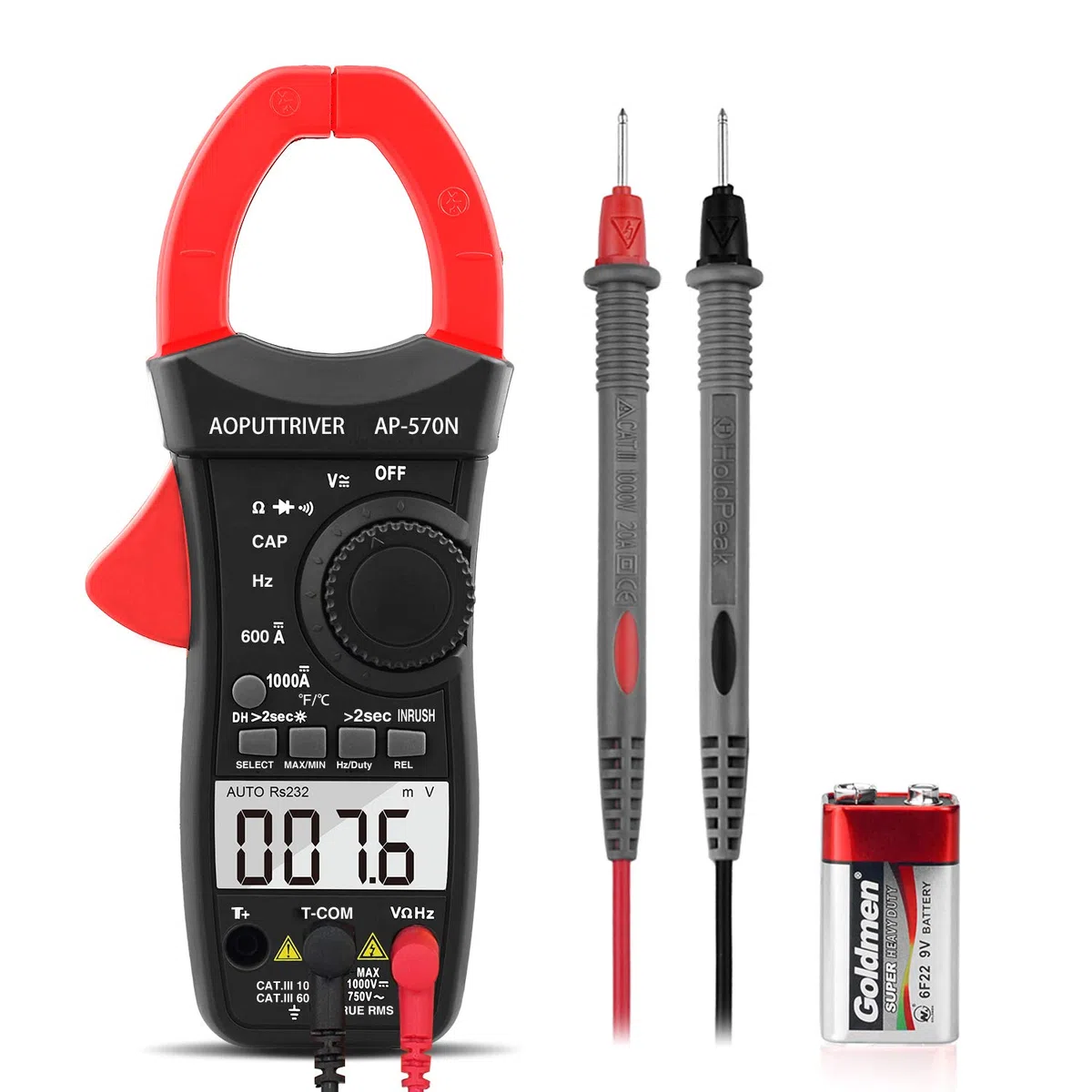 Clamp Meter AP-570N TRMS 6000 Counts Strommesszange AC DC-Strommesszange mit automatischer Reichweite, Widerstand, Kappe, Hz, Einschaltdauer, Temperatur, Einschaltstromtest