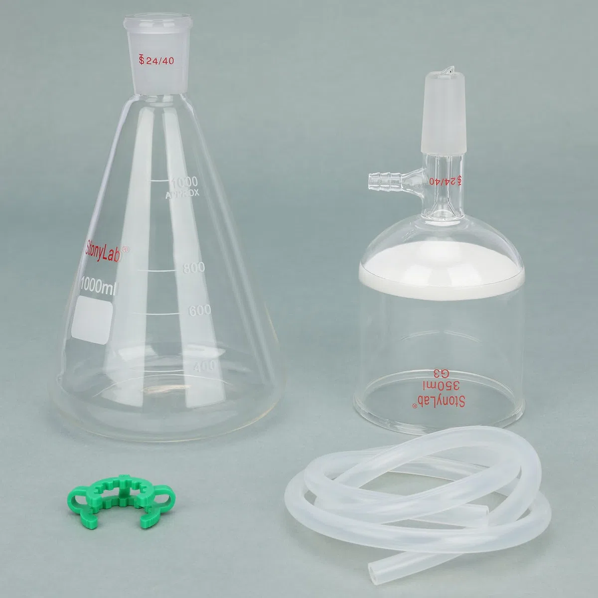 stonylab Buchner Trichter & Flasche Set, 350 ml Trichter aus Glas mit 1L Erlenmeyerkolben und Silikon Schläuche für den Einsatz im Labor