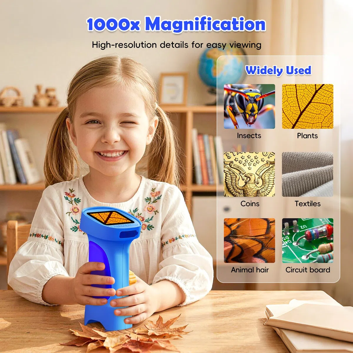 Mikroskop für Kinder, Ahalfcit Digital Mikroskop mit 2,4" HD IPS, 1000X Taschenmikroskop als Handkamera, Tragbares Natur-Spielzeug, STEM-Geschenk für Jungen & Mädchen 3-12 Jahre – Blau
