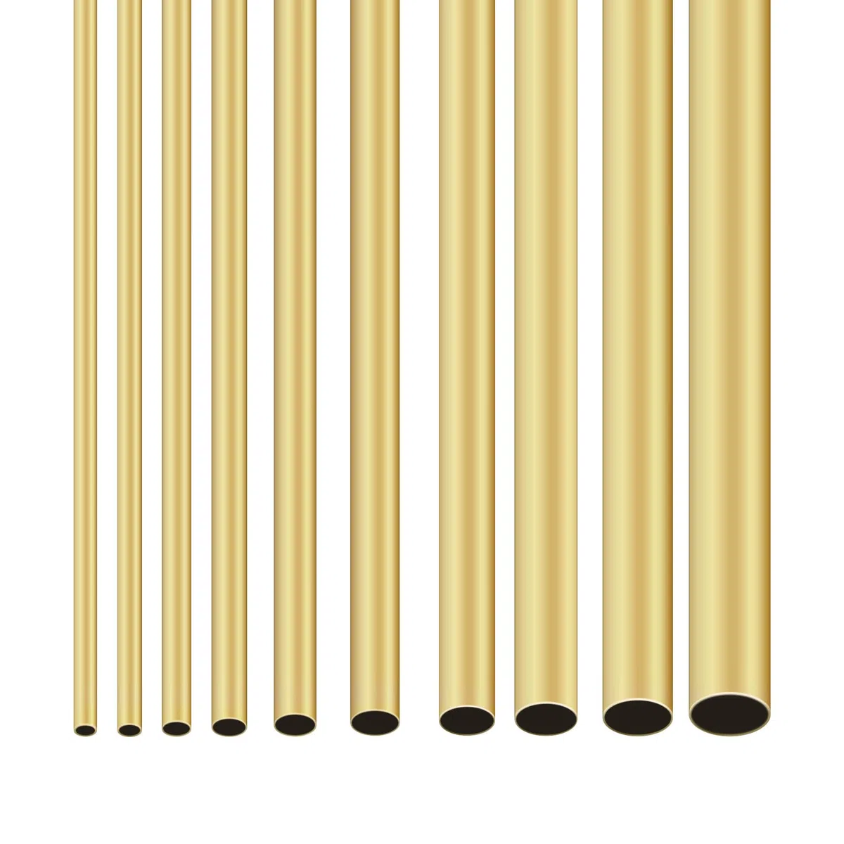 Messing-Rundrohr-Set, 2 mm, 2,5 mm, 3 mm, 4 mm, 4,5 mm, 5 mm, 6 mm, 7 mm, 8 mm, 9 mm Außendurchmesser x 0,2 mm Wandstärke, 300 mm Länge, nahtloses gerades Rohr, 10 Stück
