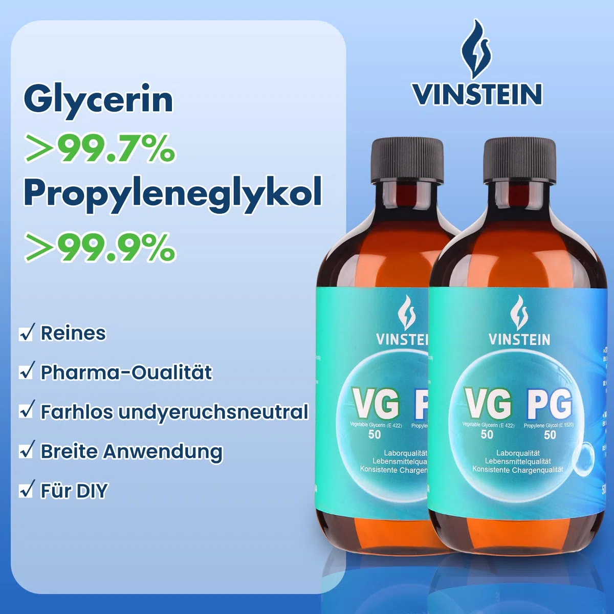 VG PG 50/50 2×500ml – Laborreinheit VG 99,7% E422 & PG 99,9% E1520, VG Glycerin & Propylenglykol, Vegan, hochrein & geruchsneutral, Hohe Reinheit