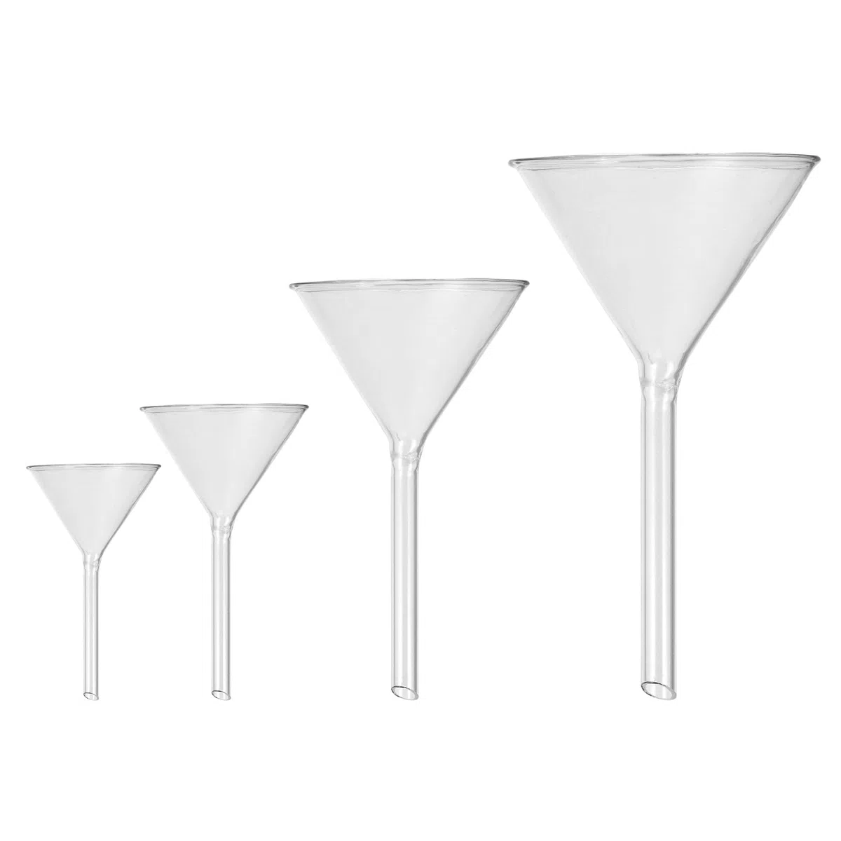 ULTECHNOVO Glastrichter Set 4-teilig aus Borosilikatglas, kurzer Stiel & feuerpolierter Rand für präzises Umfüllen kleiner Flüssigkeitsmengen in Labor, Chemie & Essenzflaschen