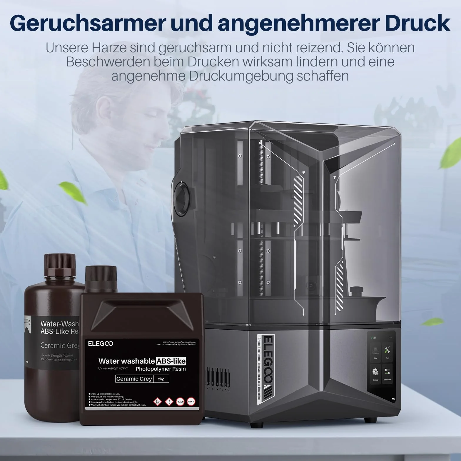 ELEGOO 405nm Wasser Waschbares ABS Like Resin, Water Washable 3D Drucker Rapid Harz für LCD/DLP UV Härtung Photopolymer 3D Drucker, 1000g Grau