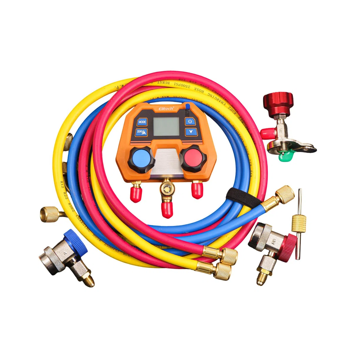 Elitech DMG-2SE Digitales Klimaanlagen-Manifold, Vakuum-Druck-Messgerät für Kfz-Klimareparatur mit 2-Wege-Ventil, unterstützt R134a R1234yf R410A und 88 Kältemittel, stoßfestes Profi-Set