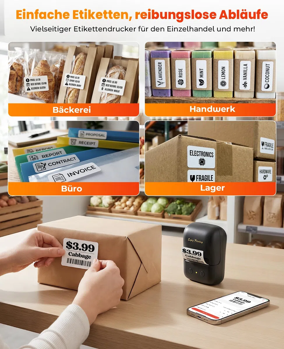 A421 Etikettendrucker für 40x15 bis 50x80 mm Etiketten, Vielseitige App mit 2000+ Symbolen und 300+ Schriftarten, Label Printer für Zuhause & Kleinunternehmen, Bluetooth Kompatibel mit iOS & Android