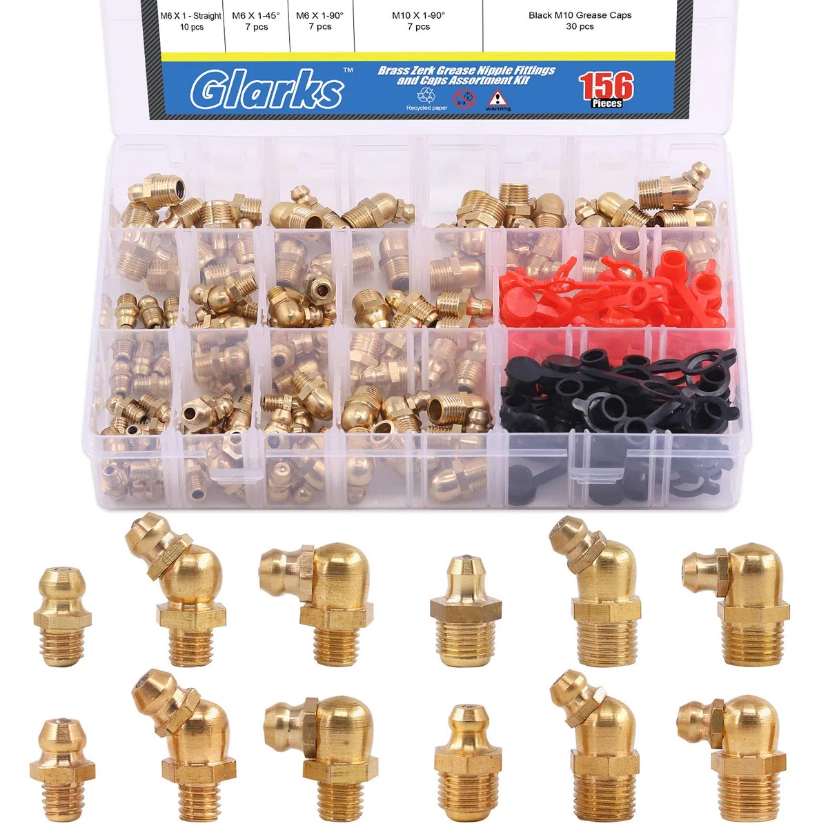 Glarks 156-teiliges metrisches & SAE-gerades und 45 Grad und 90 Grad hydraulisches Schmierfett, Messing, mit 60 M6 M10-Kappen