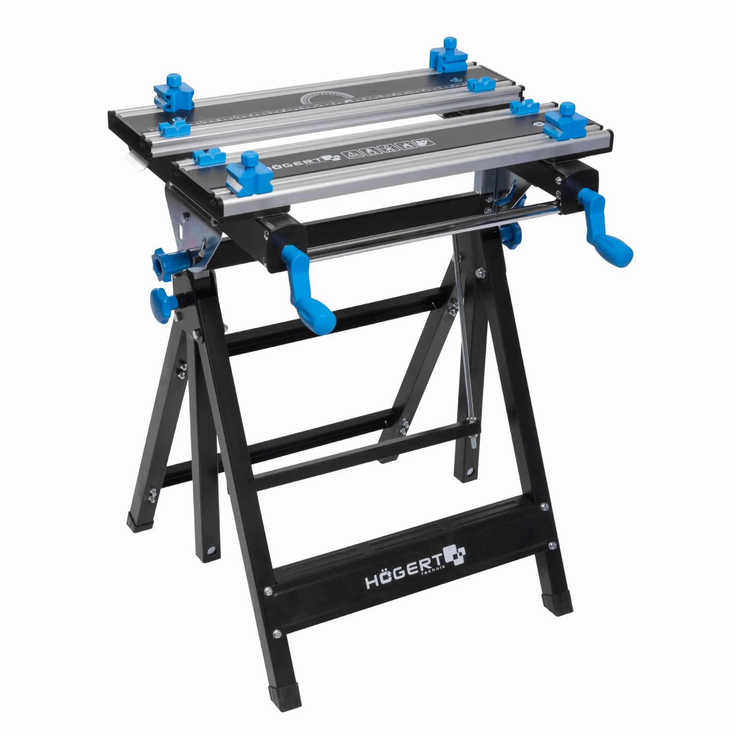 HÖGERT TECHNIK – Klappbarer, höhen- und neigungsverstellbarer Werkstatttisch 600x570x770–1070 mm mit Aluminiumplatte, Spannbacken, Winkelverstellung und Maßskala