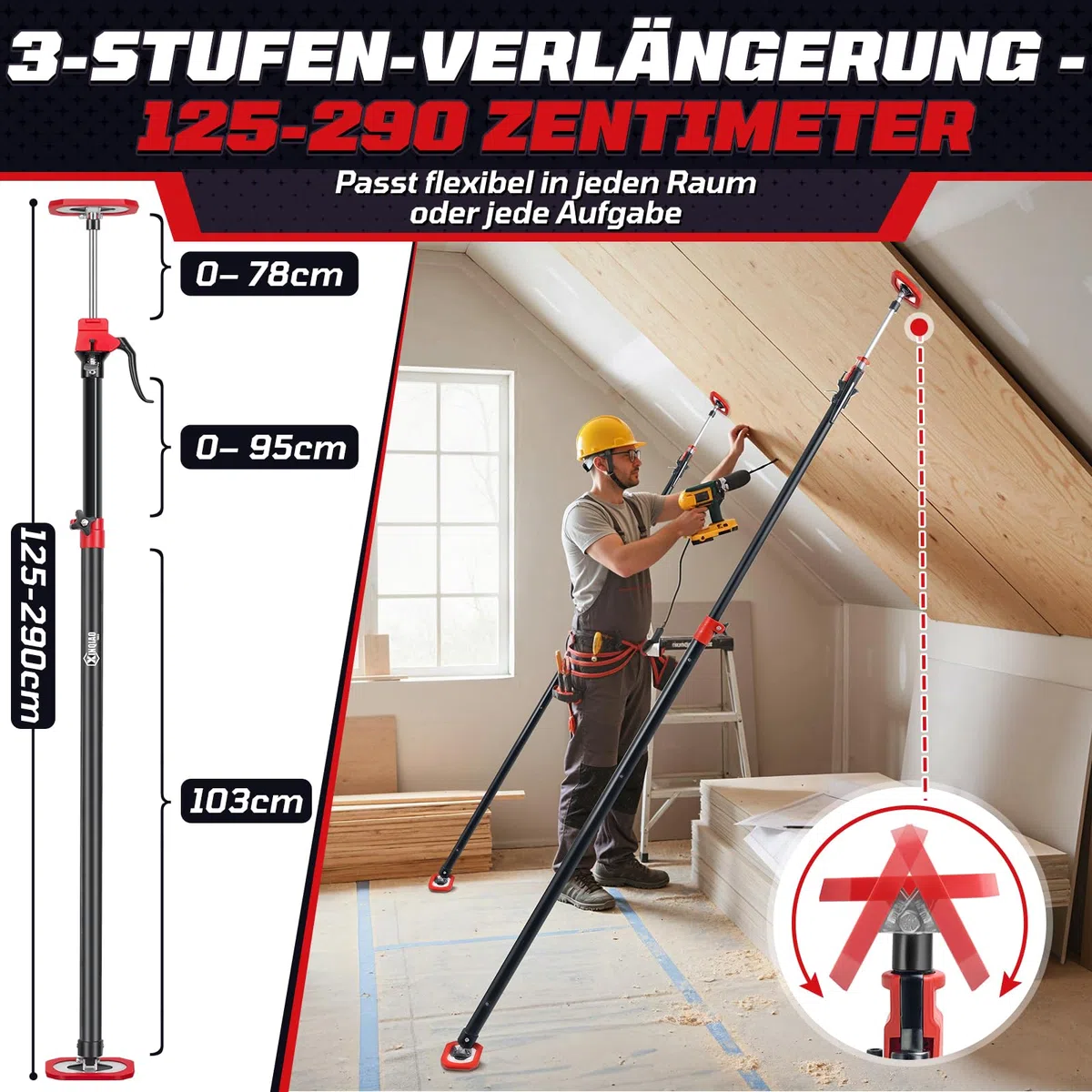 XINQIAO Montagestütze für die Schrankmontage, Schwerlast-Deckenstütze mit Verstellbarer Teleskopstange von 125 cm bis 290 cm, 4 Stück