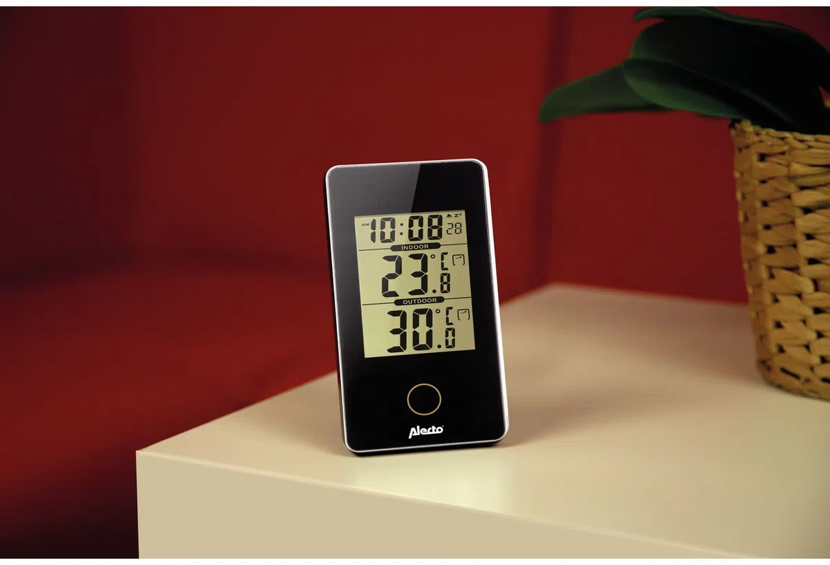 Alecto WS-150 Digitales Innen-Außen-Thermometer - Speichert Höchst- und Tiefstwerte - Datum und Uhrzeit - Wecker mit Schlummerfunktion - schwarz
