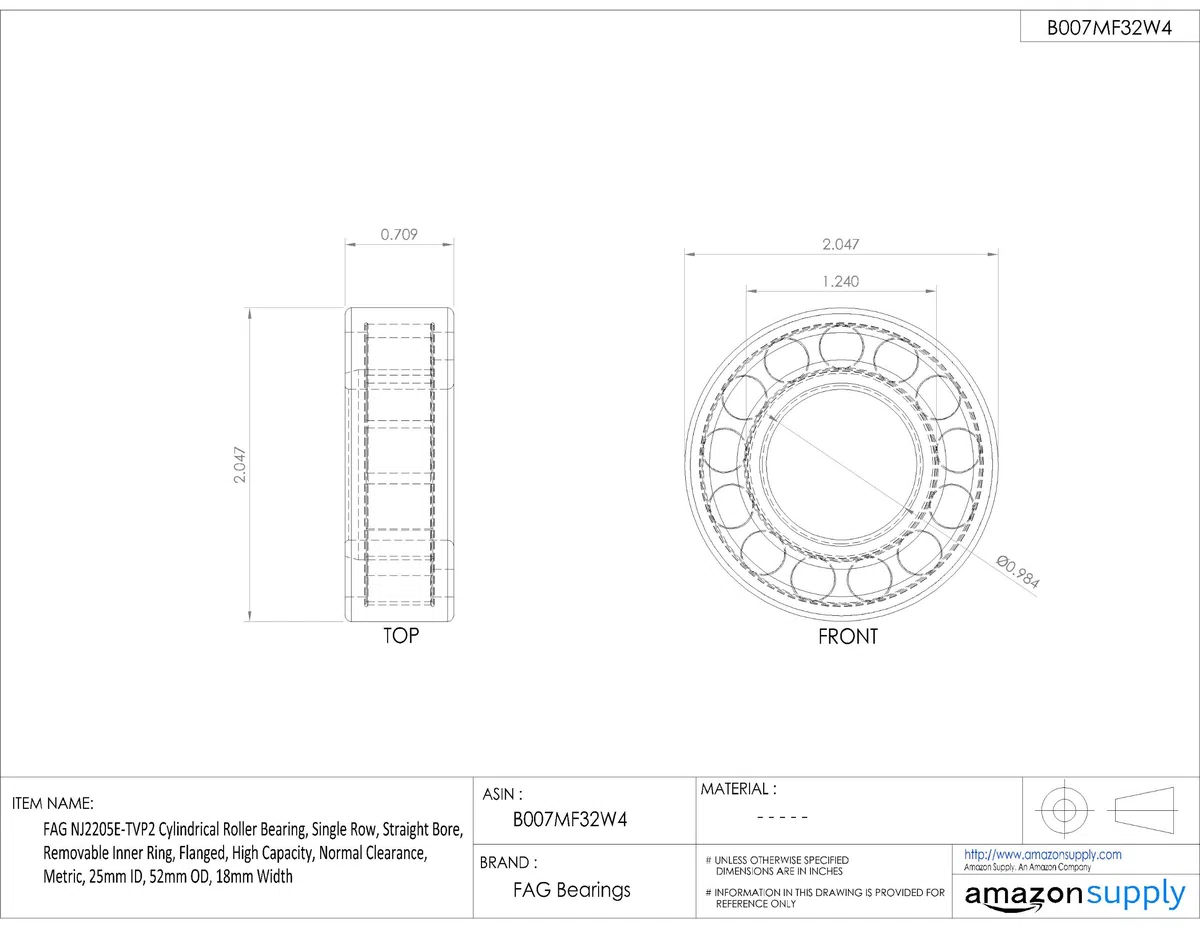 FAG nj2205e-tvp2 Zylindrische Roller Bearing, einreihig, gerade Bohrung, abnehmbarer Ring, innen Flansch, Hohe Kapazität, normal Clearance, metrisch, 25 mm ID, 52 mm OD, 18 mm breite