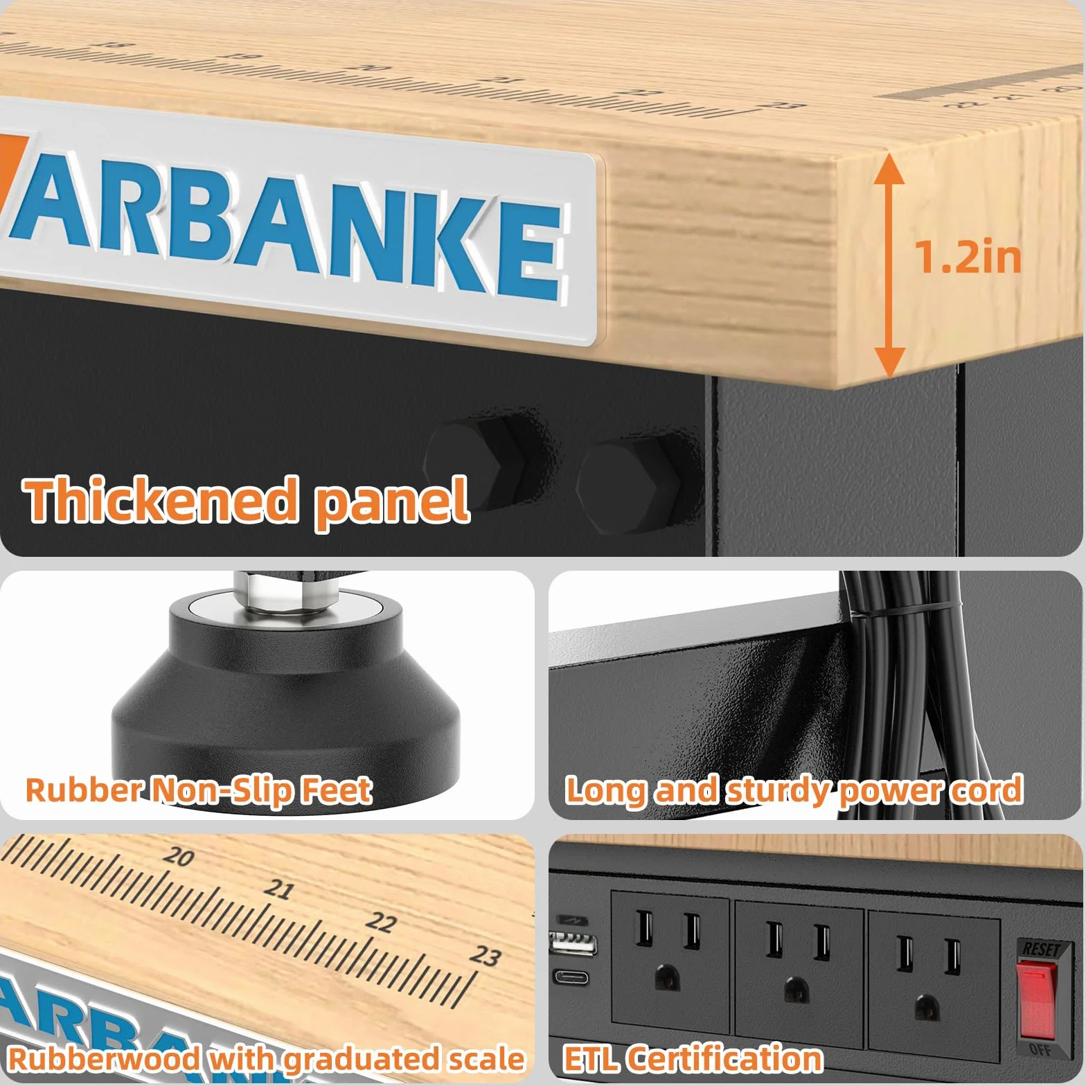 120 cm verstellbare Werkbank, Tragkraft 900 kg, robustes Gummibaumholz, 5 verstellbare Höhen, Waage, Powerpanel, für Werkstätten, Büros und Zuhause