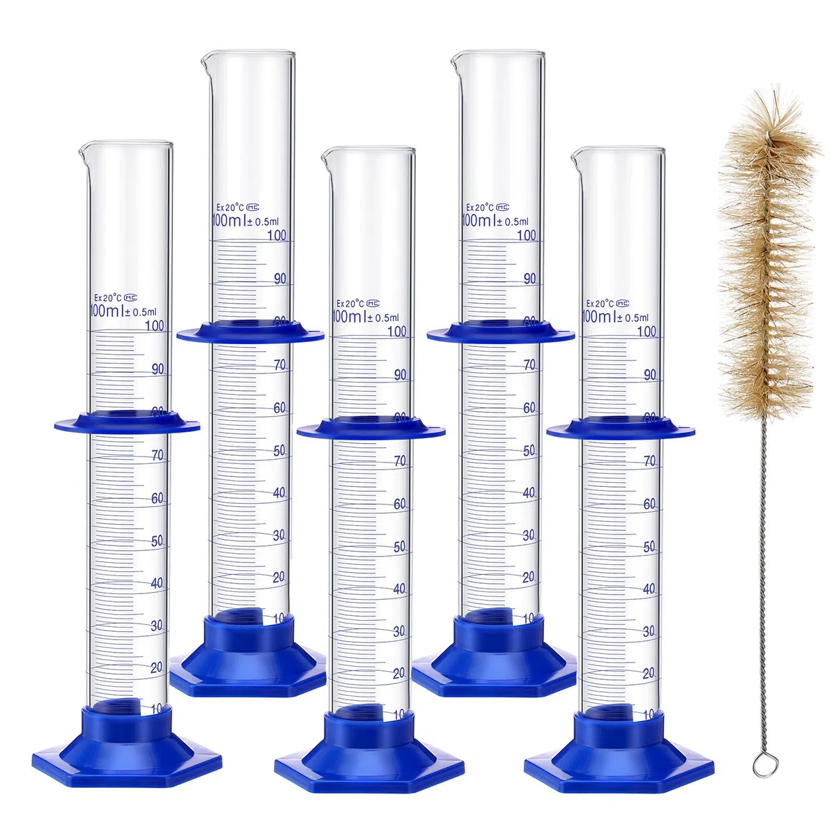 5 Pcs Messzylinder Glas 100ml Messzylinder Borosilikatglas Dickglas Laborzylinder mit einer Reinigungsbürste Laborglaswaren für Flüssigkeitsmessung