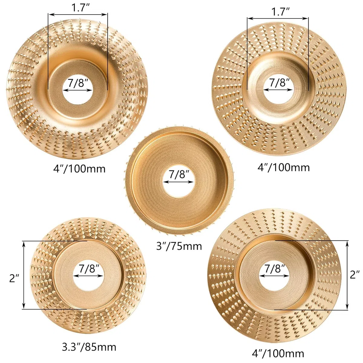 Frässcheibe für Winkelschleifer Holz -100&75 mm Holzschnitzscheibe-115/125mm Winkelschleifer Mit 7/8 Zoll(22 mm) Holz Schleifscheibe Schleifscheiben zum Formen, SchleifenundSchneiden (5PCS-Gold)