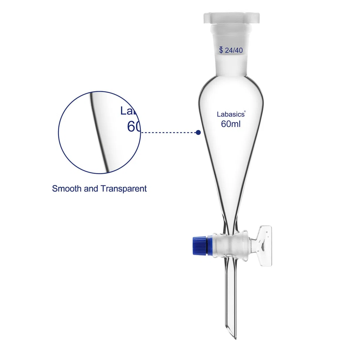 Labasics Kegelförmiger Scheidetrichter aus Borosilikatglas, 60 ml, mit Glashahn, ideal zur Flüssigkeitstrennung im Labor