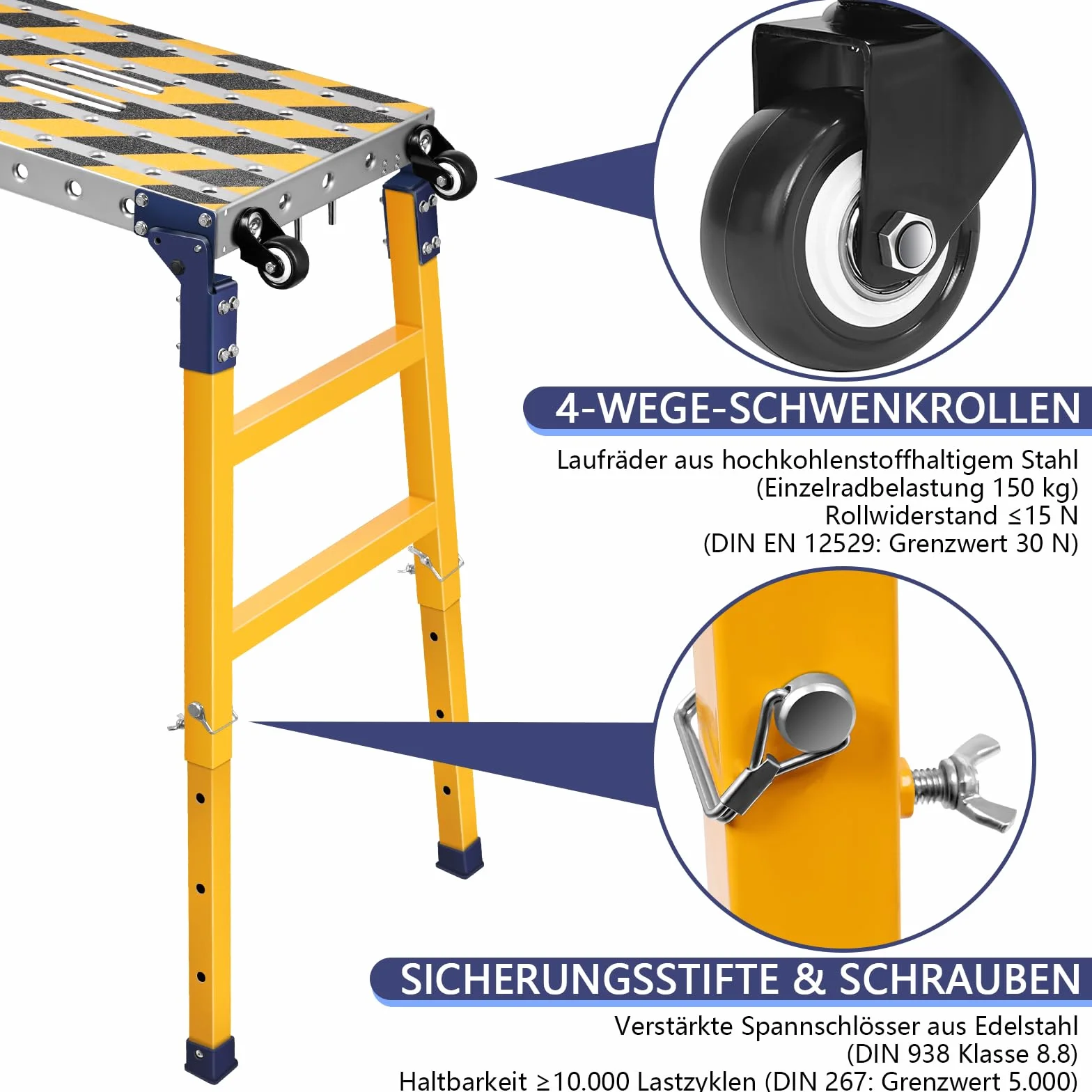 2 in 1 Stabil Arbeitsplattform + Mobiler Schweißtisch mit Antirutsch Klebestreifen, 160 * 36 cm Klappbare Arbeitsbühne Gerüst Werkbank Verzinkte mit Höhenverstellbar, 500 kg Belastbarkeit