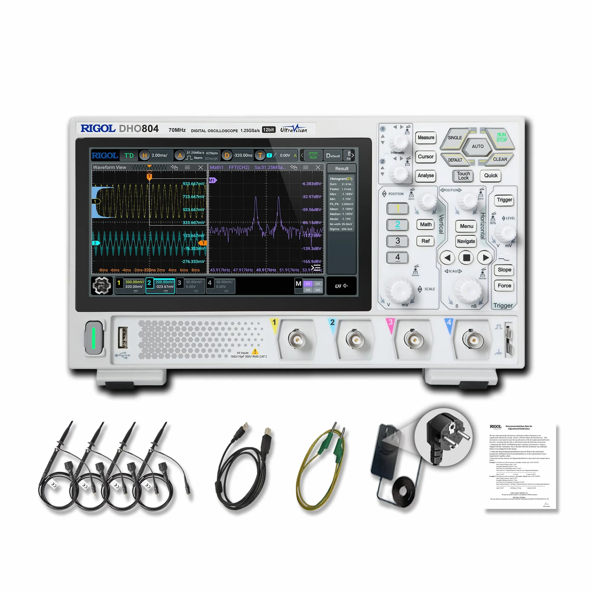 RIGOL Oszilloskop,DHO804 Tragbares Digitales Oscilloscope,70MHz Bandbreite,4 analoge Kanäle,12bit vertikale Auflösung,niedriges Grundrauschen,Unterstützung für mobile Netzteile