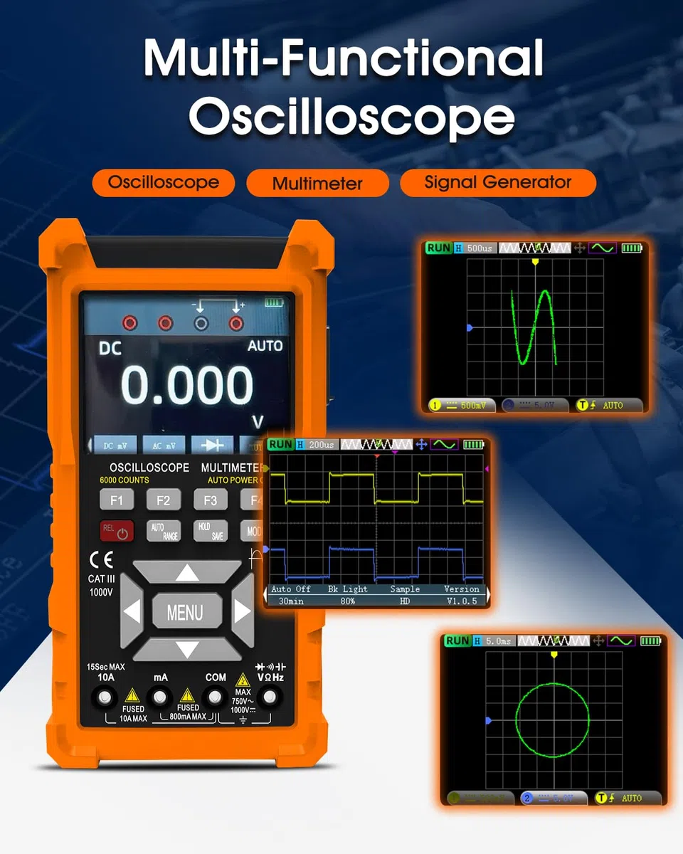 Oszilloskop 2 Kanal, 50MHz Bandbreite 280 MSa/s, Multimeter TRMS 6000 Count, Signalgenerator 13 Signalwellenformen, Automotive Oscilloscope für Heimwerker, Heimgebrauch, Kfz-Reparatur