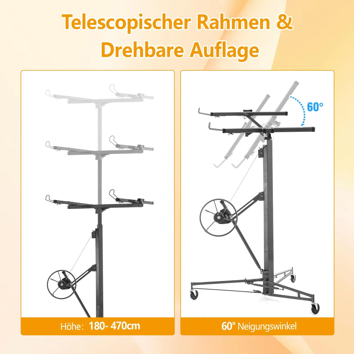 Plattenheber Trockenbau, Plattenlift Bis Max. 68 kg, Höhe 180-470 cm, 60-Grad-Neigung, mit 3 Bremsrädern, Hebevorrichtung Lastenheber für Decken und Wände, Grau, HD26041502